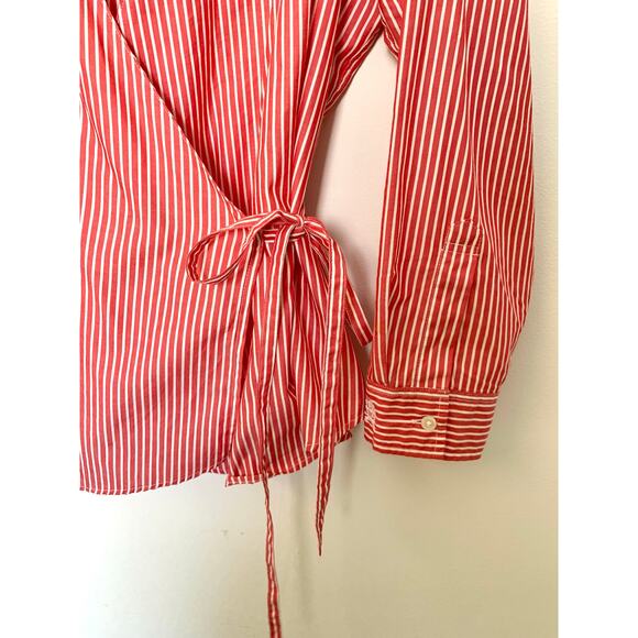 Tommy Hilfiger Red White Stripe Wrap Blouse Womens 1X Cotton Long Sleeve Preppy - Picture 3 of 12